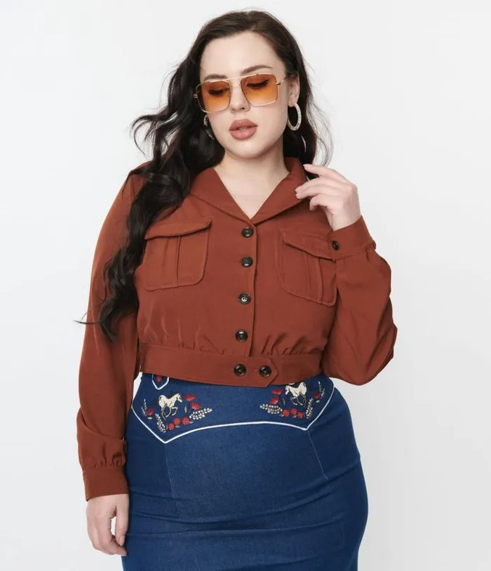 Hell Bunny 1970s Brown Ravenwood Crop Jacket Clothing Unique Vintage Coats and Jackets Hell Bunny 1970s Brown Ravenwood Crop Jacket Clothing Unique Vintage Coats and Jackets