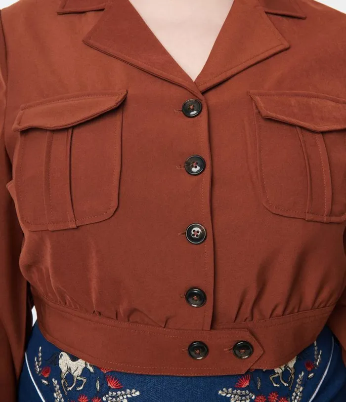 Hell Bunny 1970s Brown Ravenwood Crop Jacket Clothing Unique Vintage Coats and Jackets
