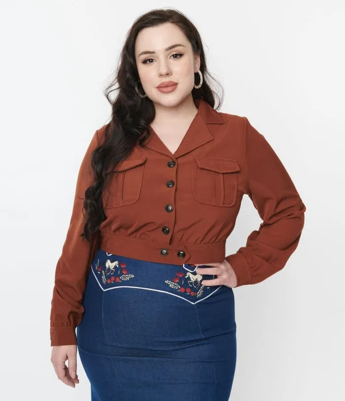 Hell Bunny 1970s Brown Ravenwood Crop Jacket Clothing Unique Vintage Coats and Jackets