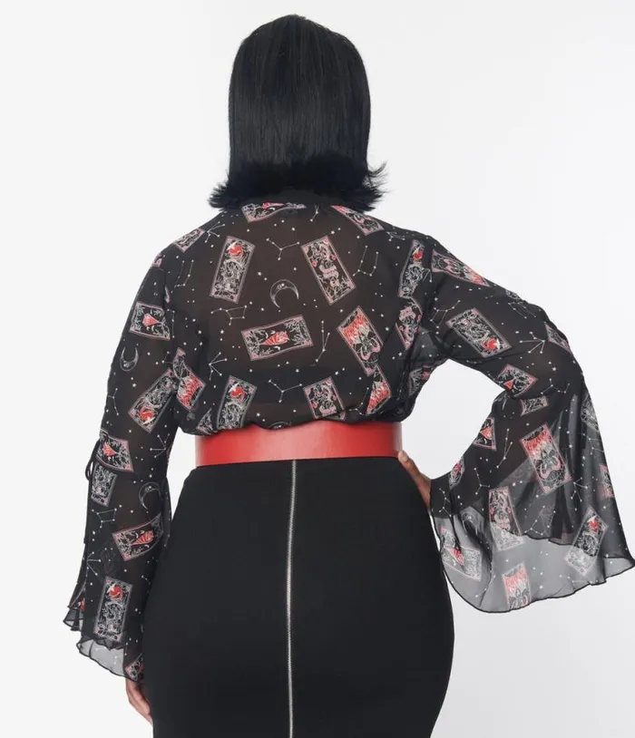 Hell Bunny Black and Tarot Card Print Duality Blouse Halloween Unique Vintage Tops