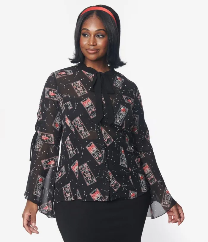 Hell Bunny Black and Tarot Card Print Duality Blouse Halloween Unique Vintage Tops