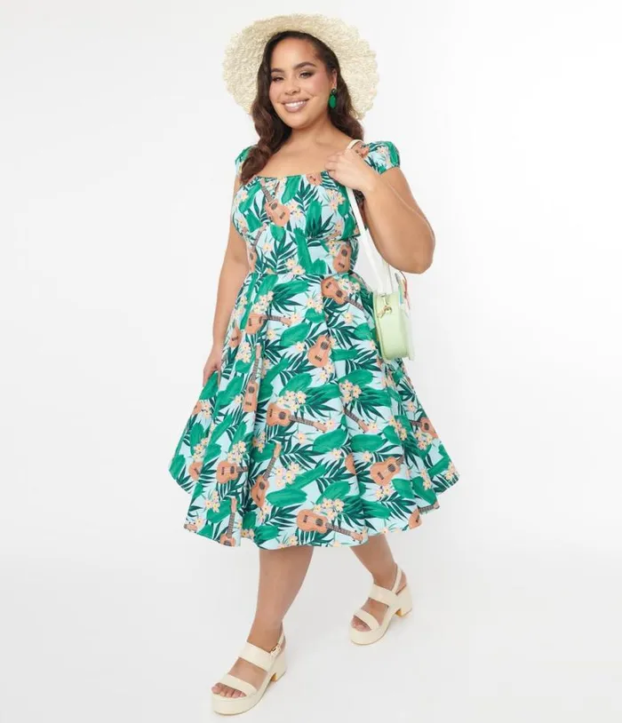 Hell Bunny Light Blue and Green Tropical Ukulele Swing Dress DressesPlus Unique Vintage Pocket Dresses Hell Bunny Light Blue and Green Tropical Ukulele Swing Dress DressesPlus Unique Vintage Pocket Dresses