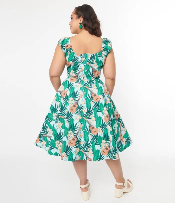 Hell Bunny Light Blue and Green Tropical Ukulele Swing Dress DressesPlus Unique Vintage Pocket Dresses