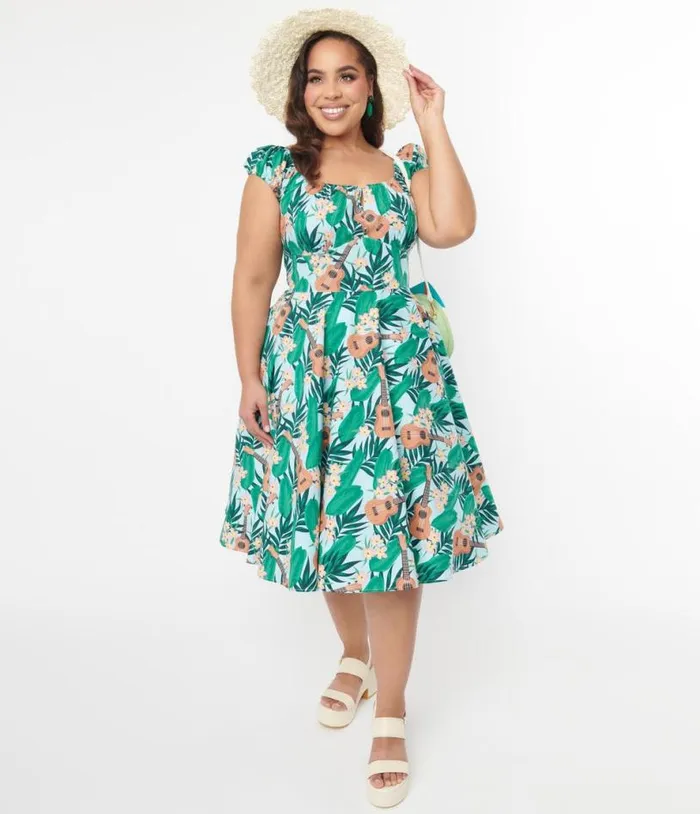 Hell Bunny Light Blue and Green Tropical Ukulele Swing Dress DressesPlus Unique Vintage Pocket Dresses