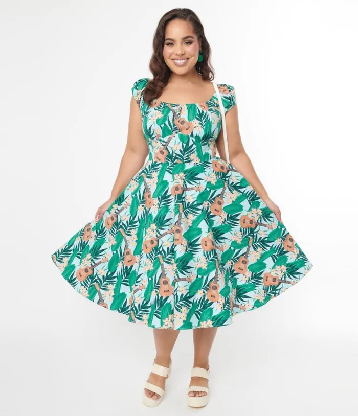 Hell Bunny Light Blue and Green Tropical Ukulele Swing Dress DressesPlus Unique Vintage Pocket Dresses