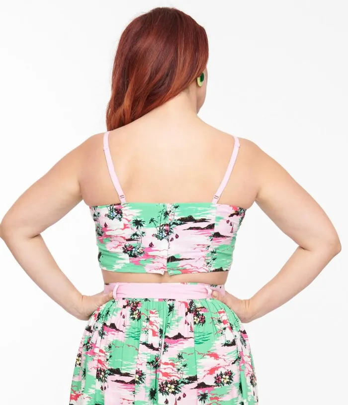 Hell Bunny Pink and Green Tropical Print Crop Top Clothing Unique Vintage Blouses