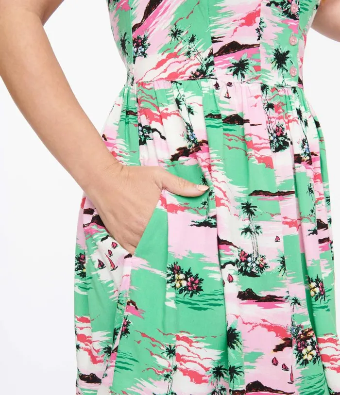 Hell Bunny Pink and Green Tropical Print Mini Dress Dresses Unique Vintage Pocket Dresses