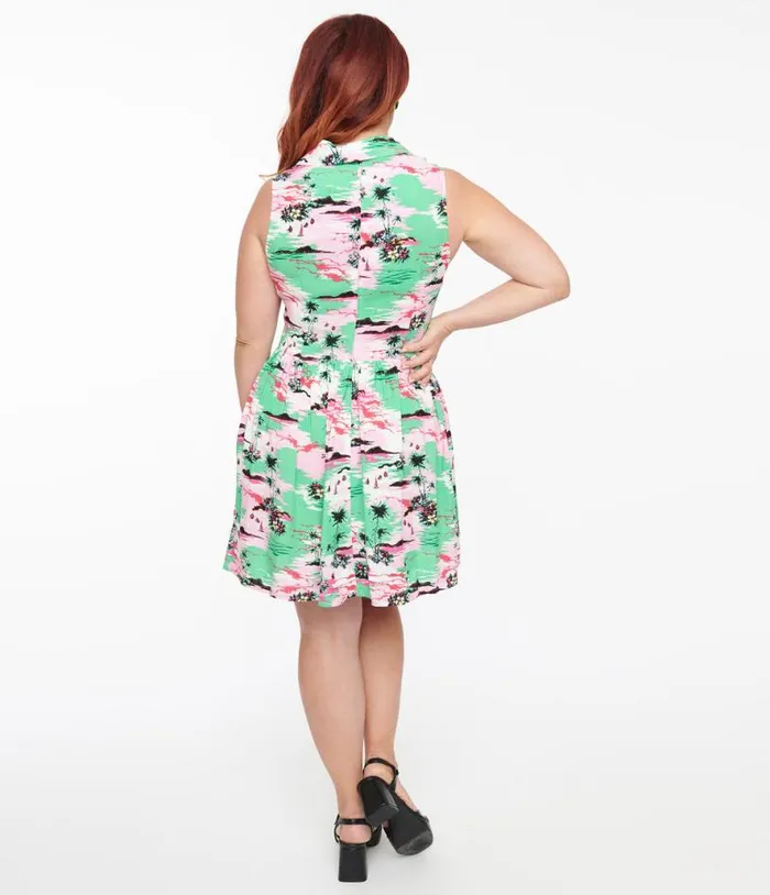 Hell Bunny Pink and Green Tropical Print Mini Dress Dresses Unique Vintage Pocket Dresses
