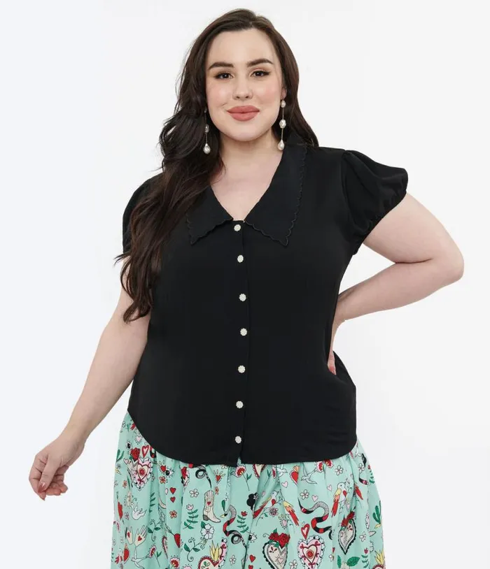 Hell Bunny Plus Size 1950s Black Maddy Blouse Clothing Unique Vintage Blouses