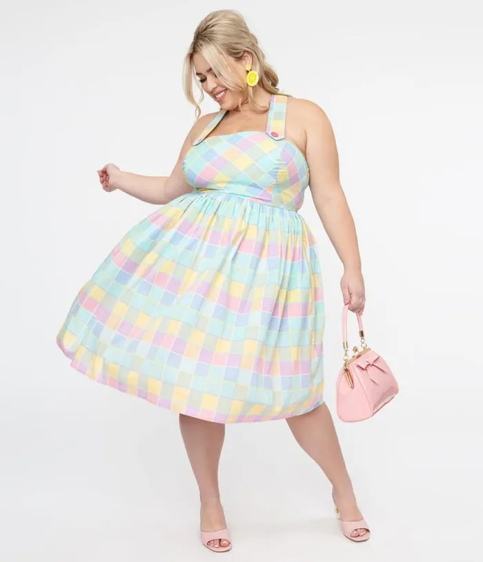 Hell Bunny Plus Size 1950s Pastel Rainbow Check Cotton Swing Dress DressesPlus Unique Vintage Pocket Dresses Hell Bunny Plus Size 1950s Pastel Rainbow Check Cotton Swing Dress DressesPlus Unique Vintage Pocket Dresses