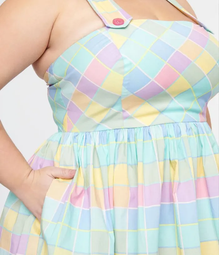 Hell Bunny Plus Size 1950s Pastel Rainbow Check Cotton Swing Dress DressesPlus Unique Vintage Pocket Dresses