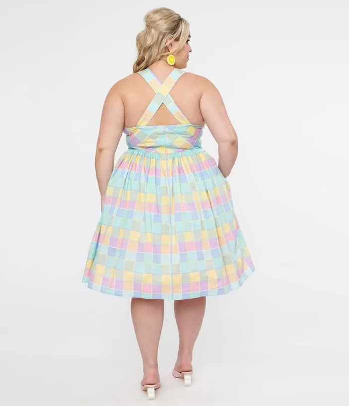 Hell Bunny Plus Size 1950s Pastel Rainbow Check Cotton Swing Dress DressesPlus Unique Vintage Pocket Dresses