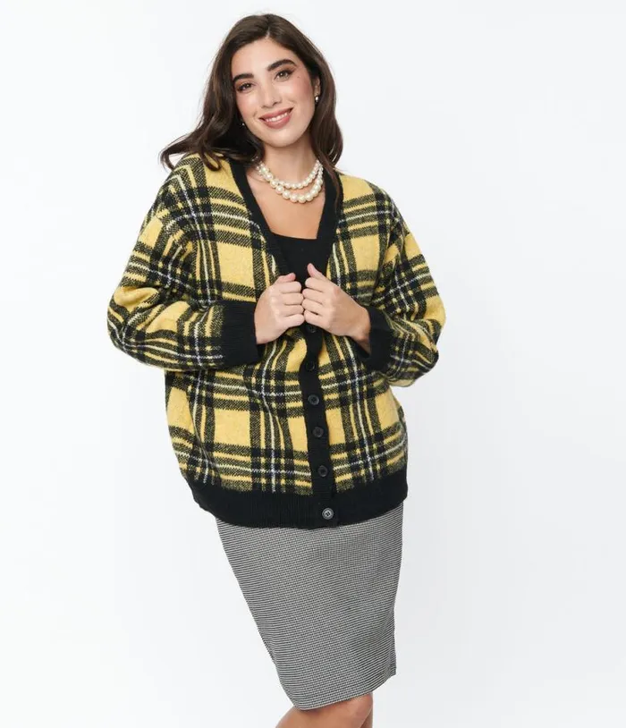 Hell Bunny Yellow and Black Plaid Cardigan ClothingPlus Unique Vintage Sweaters and Cardigans Hell Bunny Yellow and Black Plaid Cardigan ClothingPlus Unique Vintage Sweaters and Cardigans