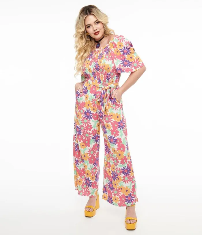 Hot Pink and Purple Floral Flutter Sleeve Jumpsuit Clothing Unique Vintage Rompers and Jumpsuits