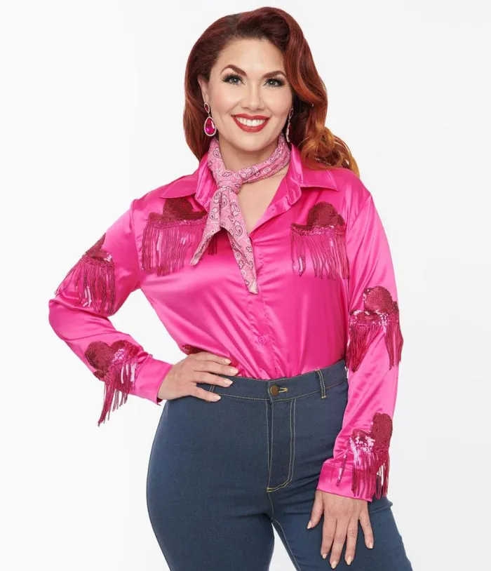 Hot Pink Western Hat Sequin Fringe Satin Blouse Clothing Unique Vintage Blouses Hot Pink Western Hat Sequin Fringe Satin Blouse Clothing Unique Vintage Blouses