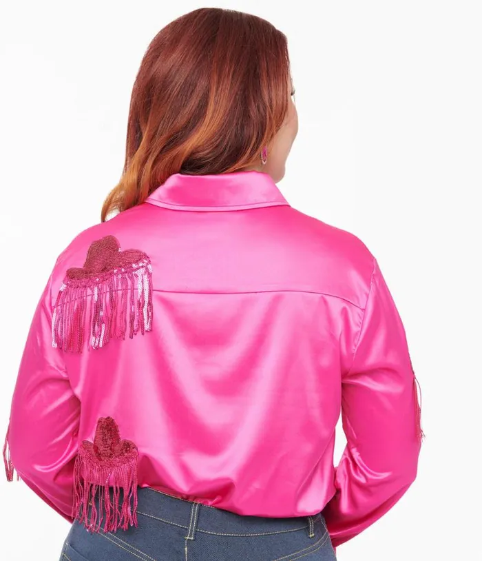 Hot Pink Western Hat Sequin Fringe Satin Blouse Clothing Unique Vintage Blouses