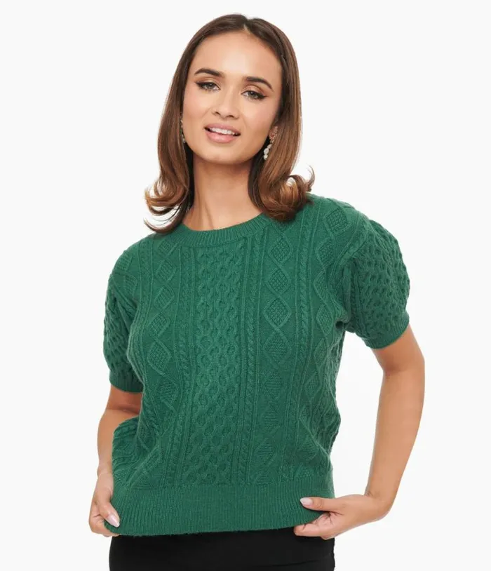Hunter Green Cable Knit Short Sleeve Sweater Clothing Unique Vintage Sweaters and Cardigans