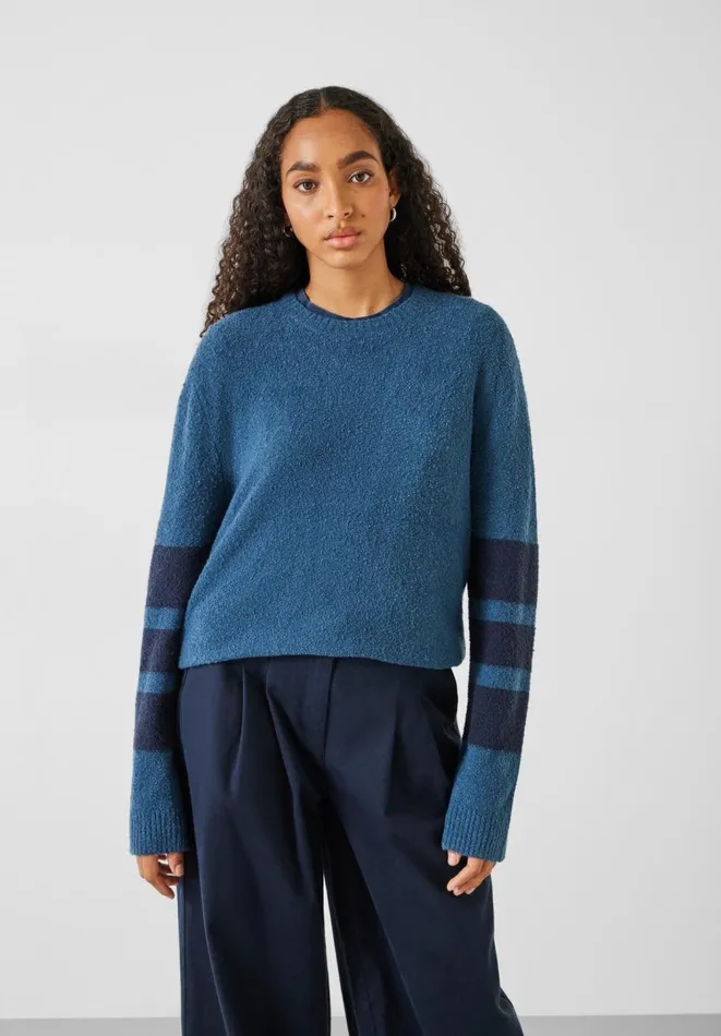 Hush Jumpers and Cardigans Women Bellata Sleeve Stripe Knitted Jumper Mid Blue Hush Jumpers and Cardigans Women Bellata Sleeve Stripe Knitted Jumper Mid Blue
