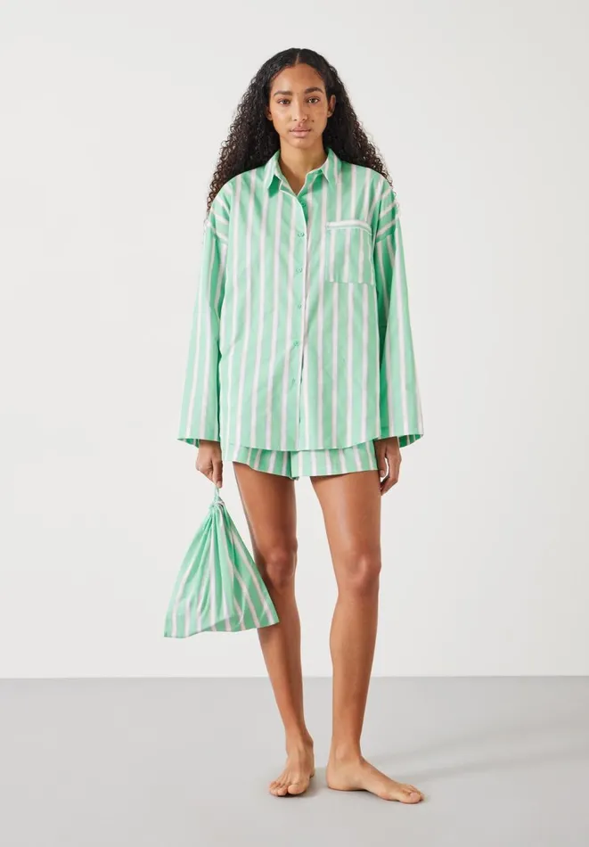 Hush Pyjamas and Nightwear Women Adair Oversized Shirt Pyjama Set Green And Pink Vertical Stripe Hush Pyjamas and Nightwear Women Adair Oversized Shirt Pyjama Set Green And Pink Vertical Stripe