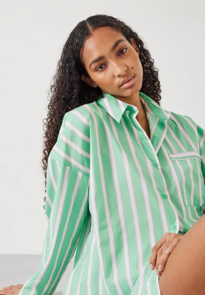 Hush Pyjamas and Nightwear Women Adair Oversized Shirt Pyjama Set Green And Pink Vertical Stripe Hush Pyjamas and Nightwear Women Adair Oversized Shirt Pyjama Set Green And Pink Vertical Stripe