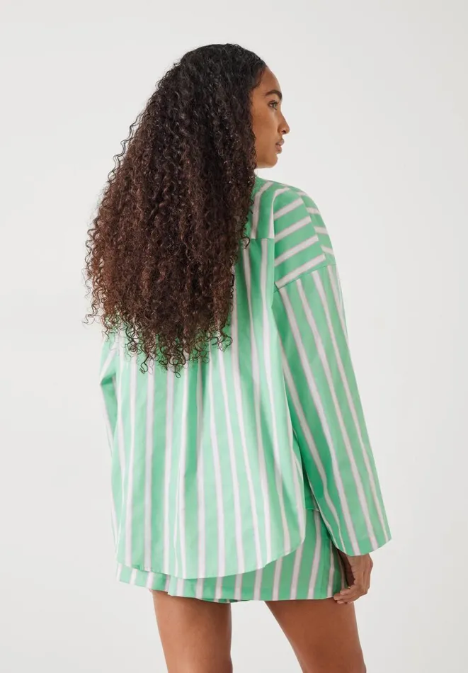 Hush Pyjamas and Nightwear Women Adair Oversized Shirt Pyjama Set Green And Pink Vertical Stripe Hush Pyjamas and Nightwear Women Adair Oversized Shirt Pyjama Set Green And Pink Vertical Stripe