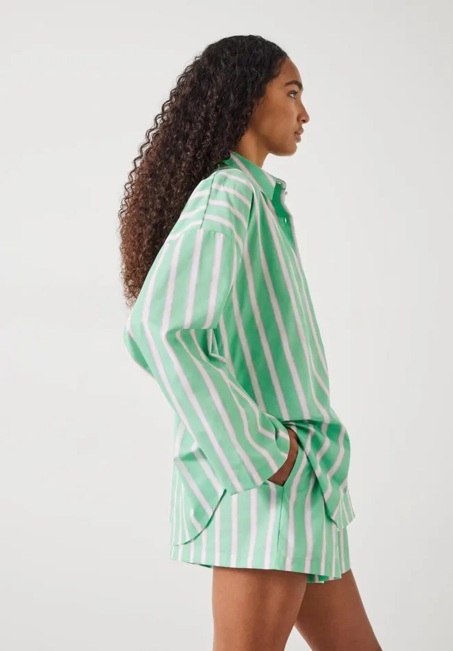 Hush Pyjamas and Nightwear Women Adair Oversized Shirt Pyjama Set Green And Pink Vertical Stripe Hush Pyjamas and Nightwear Women Adair Oversized Shirt Pyjama Set Green And Pink Vertical Stripe