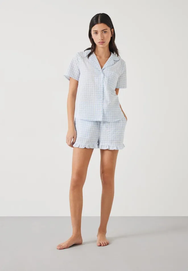 Hush Pyjamas and Nightwear Women Palma Frill Short Pyjamas Ecru Blue Gingham Hush Pyjamas and Nightwear Women Palma Frill Short Pyjamas Ecru Blue Gingham