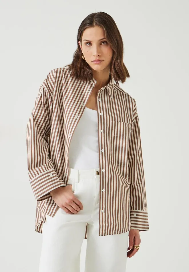 Hush Shirts and Blouses Women Indy Oversized Stripe Shirt Brownwhite Stripe Hush Shirts and Blouses Women Indy Oversized Stripe Shirt Brownwhite Stripe
