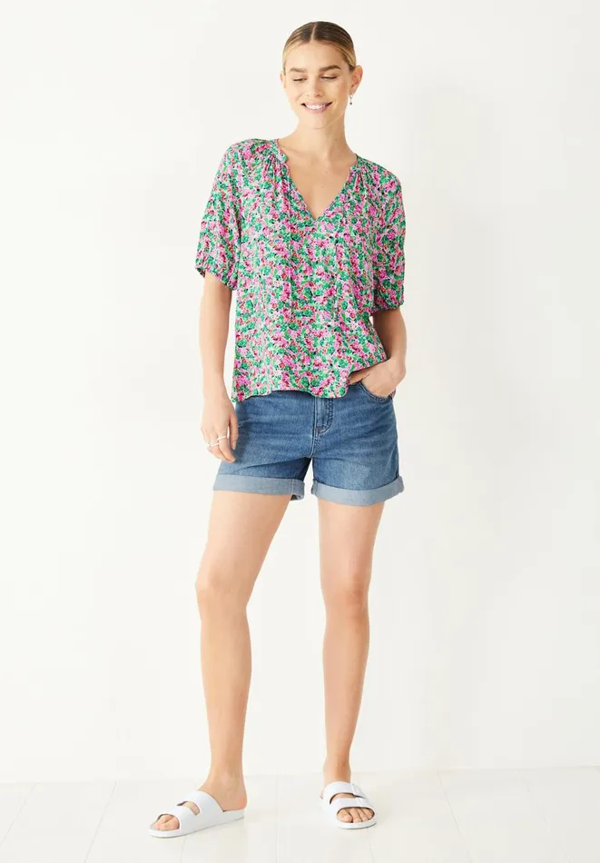 Hush Shirts and Blouses Women Kari V Neck Blouse Watercolour Floral Pinkgreen Hush Shirts and Blouses Women Kari V Neck Blouse Watercolour Floral Pinkgreen