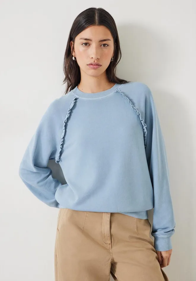 Hush Sweatshirts and Hoodies Women Amayah Cotton Ruffle Detail Sweatshirt Dusty Blue Hush Sweatshirts and Hoodies Women Amayah Cotton Ruffle Detail Sweatshirt Dusty Blue