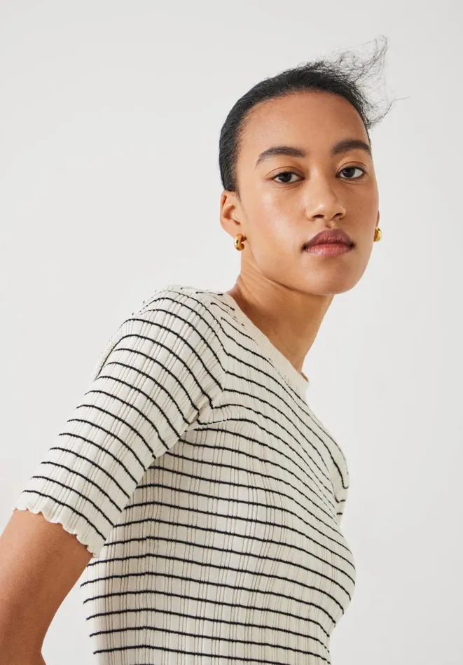 Hush Tops and Tshirts Women Brett Cotton Striped Knitted Top Ecru Black Stripe Hush Tops and Tshirts Women Brett Cotton Striped Knitted Top Ecru Black Stripe