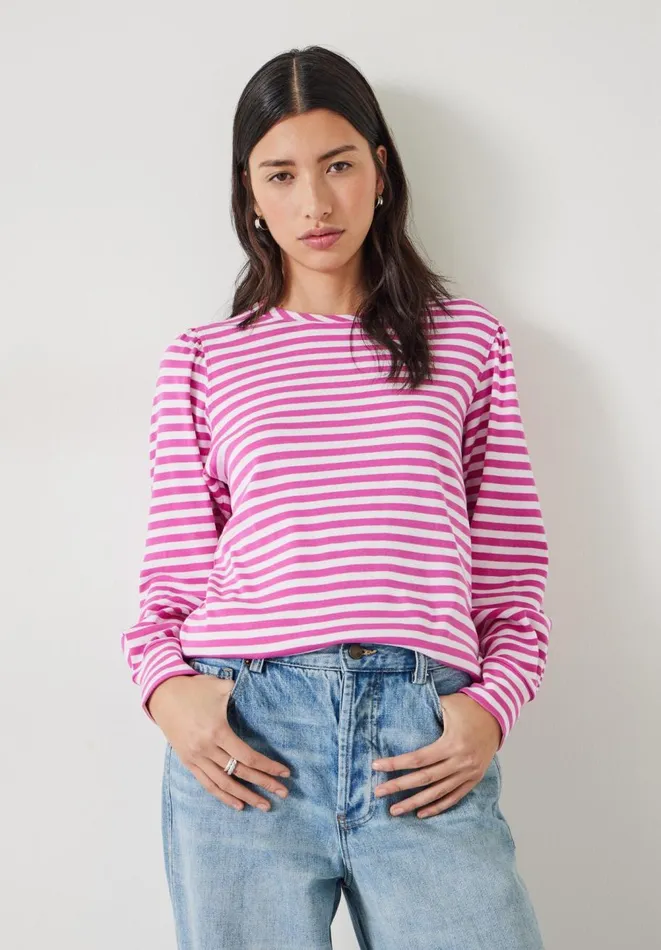 Hush Tops and Tshirts Women Emily Cotton Striped Puff Sleeve Top Vibrant Pink Hush Tops and Tshirts Women Emily Cotton Striped Puff Sleeve Top Vibrant Pink