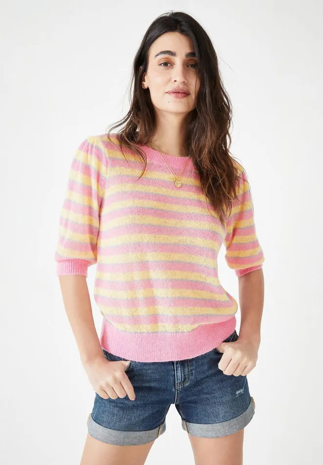 Hush Tops and Tshirts Women Flori Wool Blend Striped TShirt Soft Pinkyellowblue Hush Tops and Tshirts Women Flori Wool Blend Striped TShirt Soft Pinkyellowblue