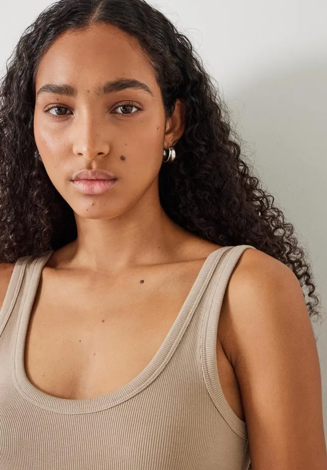 Hush Tops and Tshirts Women Ribbed Low Scoop Fitted Vest Latte Hush Tops and Tshirts Women Ribbed Low Scoop Fitted Vest Latte