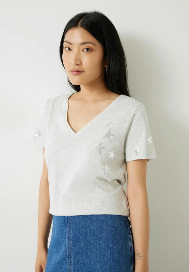 Hush Tops and Tshirts Women Star VNeck Cotton Slub TShirt Lightest Grey Marl Hush Tops and Tshirts Women Star VNeck Cotton Slub TShirt Lightest Grey Marl