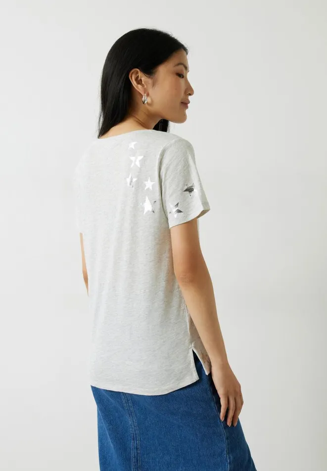 Hush Tops and Tshirts Women Star VNeck Cotton Slub TShirt Lightest Grey Marl Hush Tops and Tshirts Women Star VNeck Cotton Slub TShirt Lightest Grey Marl