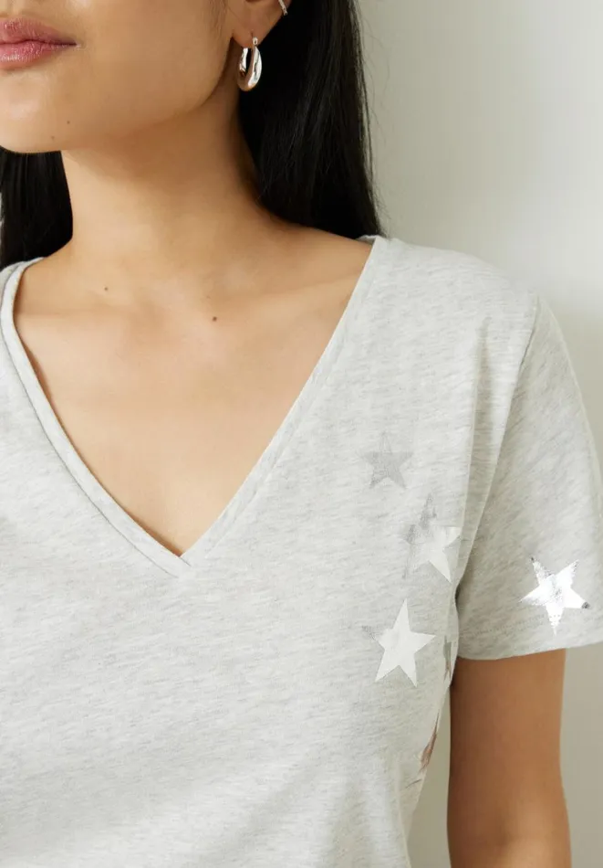 Hush Tops and Tshirts Women Star VNeck Cotton Slub TShirt Lightest Grey Marl Hush Tops and Tshirts Women Star VNeck Cotton Slub TShirt Lightest Grey Marl