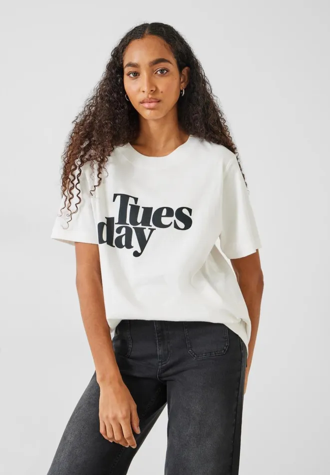 Hush Tops and Tshirts Women Tuesday Graphic Cotton TShirt White