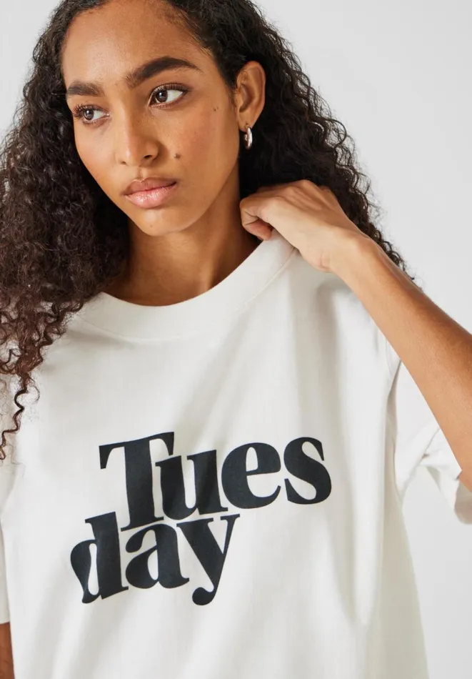 Hush Tops and Tshirts Women Tuesday Graphic Cotton TShirt White Hush Tops and Tshirts Women Tuesday Graphic Cotton TShirt White