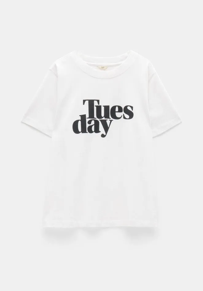 Hush Tops and Tshirts Women Tuesday Graphic Cotton TShirt White Hush Tops and Tshirts Women Tuesday Graphic Cotton TShirt White