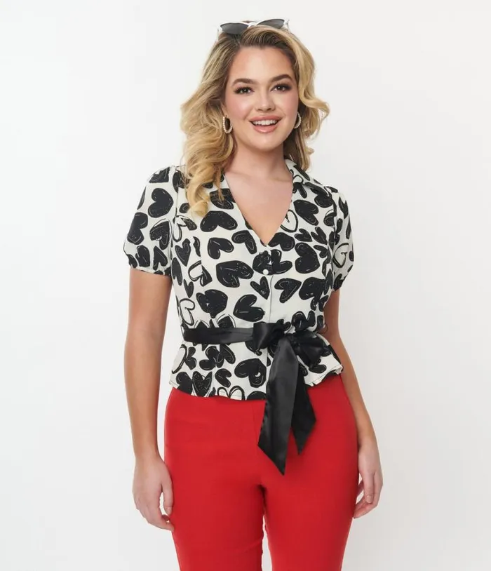 Ivory and Black Heart Sashed Blouse Clothing Unique Vintage Blouses