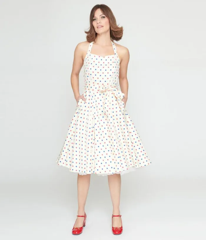 Ivory and Candy Dot Halter Swing Dress Dresses Unique Vintage Pocket Dresses