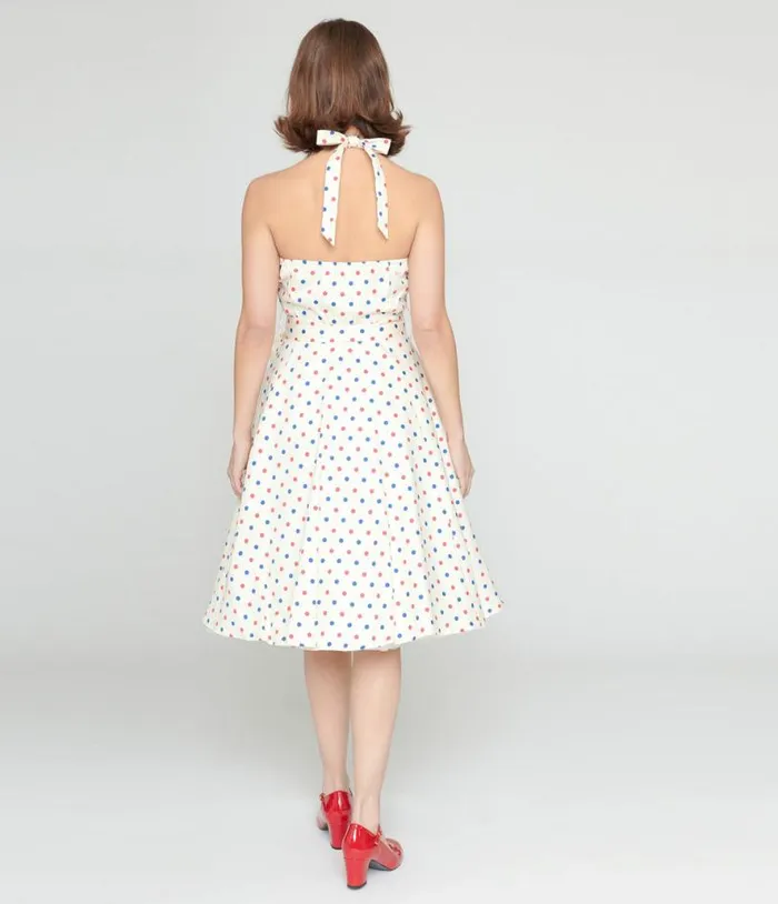 Ivory and Candy Dot Halter Swing Dress Dresses Unique Vintage Pocket Dresses