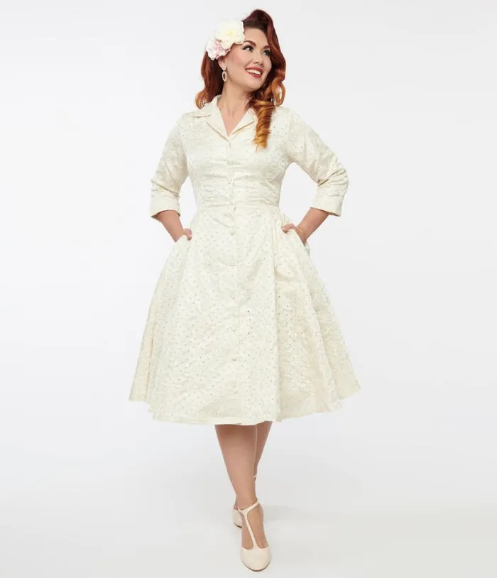 Ivory and Gold Brocade Swing Dress Dresses Unique Vintage Swing