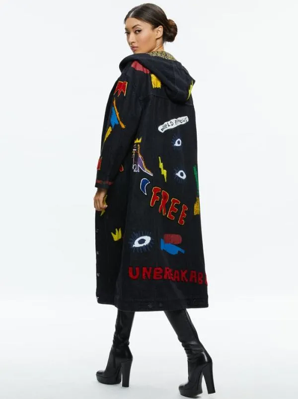 Jackets Coats Women Alice Olivia AO X BASQUIAT JEFF MAXI DENIM JACKET Maya Charcoal Black