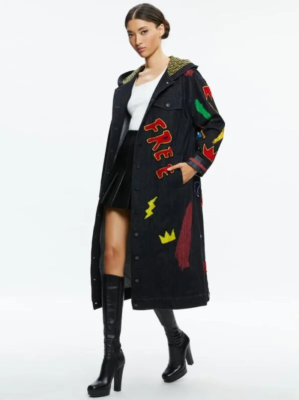 Jackets Coats Women Alice Olivia AO X BASQUIAT JEFF MAXI DENIM JACKET Maya Charcoal Black