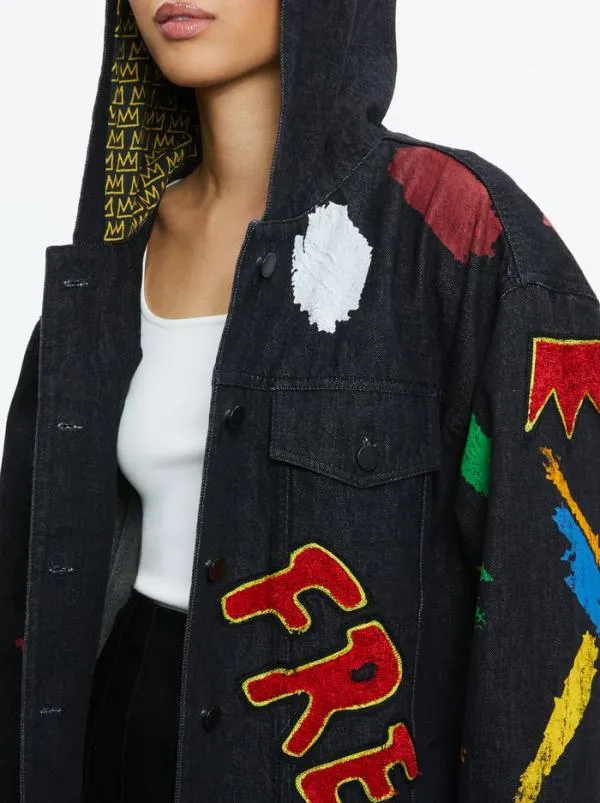 Jackets Coats Women Alice Olivia AO X BASQUIAT JEFF MAXI DENIM JACKET Maya Charcoal Black