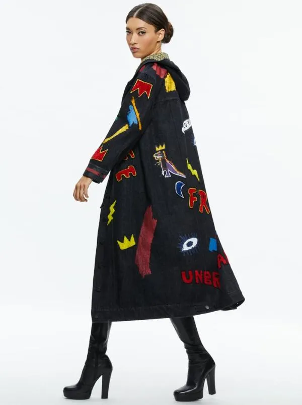 Jackets Coats Women Alice Olivia AO X BASQUIAT JEFF MAXI DENIM JACKET Maya Charcoal Black