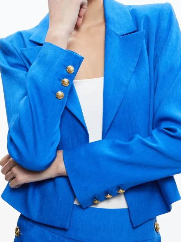 Jackets Coats Women Alice Olivia DENNY LINEN CROPPED NOTCH COLLAR BLAZER Sapphire