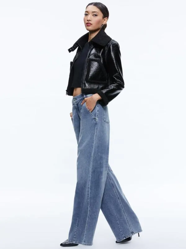 Jackets Coats Women Alice Olivia ISAIAH VEGAN LEATHER FAUX SHEARLING CROPPED JACKET Black